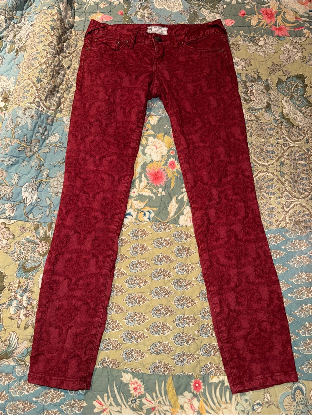 Free People Burgundy Textured Skinny Jeans-Ankle Length